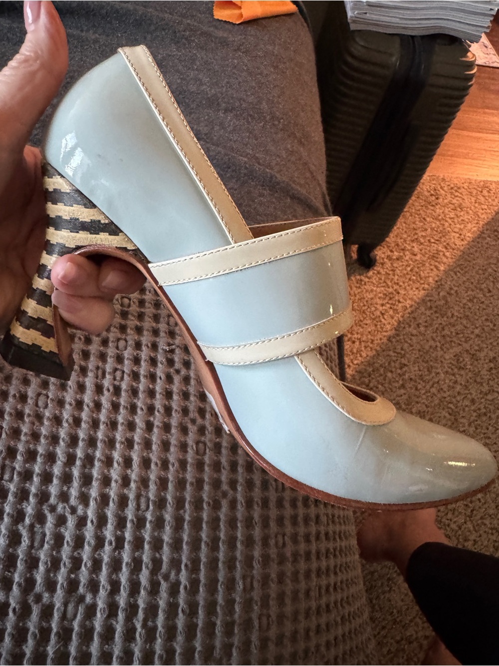 VINTAGE 1960’s John Fluevog Pale Blue Patent Mary Jane Pumps with Striped Heel - Picture 7 of 11
